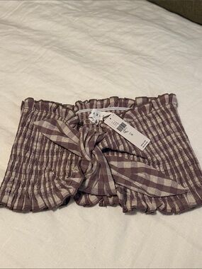 Mable Smocked Tie-Front Bandeau Top in Mauve Plaid